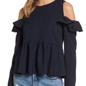 BP Navy Plaid Ruffle Cold Shoulder Top XS